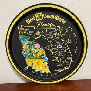 Vintage Walt Disney World Florida Tin Tray Black Metal Plate Mickey Collectible